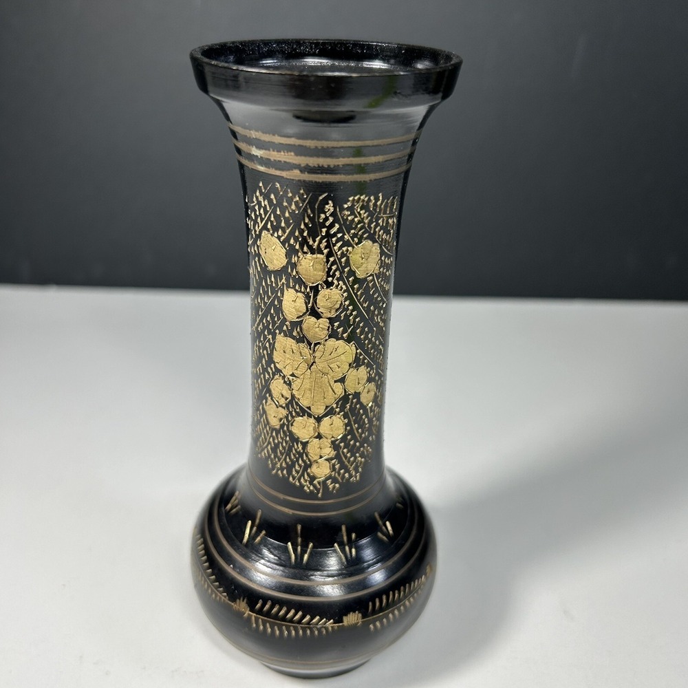 Vtg‎ Black  Brass & Gold Inlay Leaf  Edged Vase